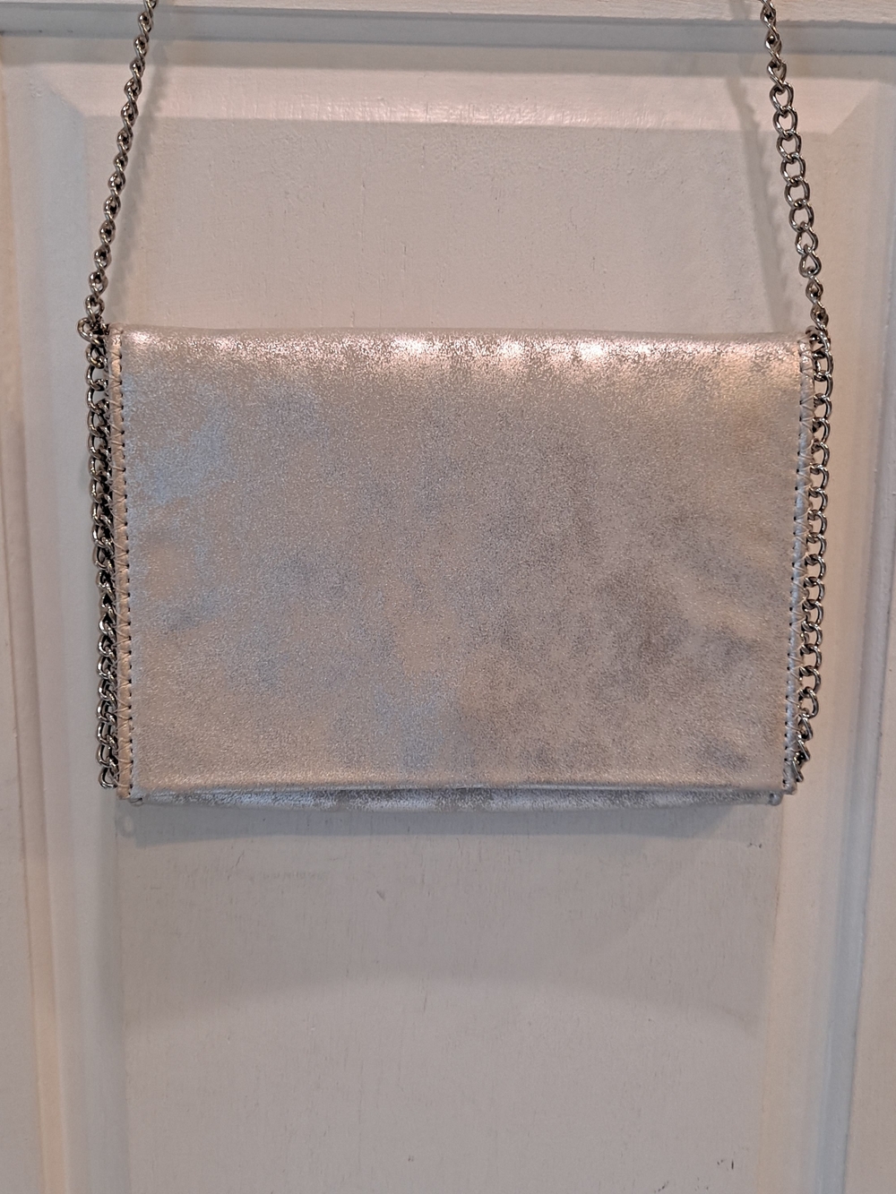 Chelsea28 Silver Metallic Chain Accented Crossbody Clutch Bag Contemporary Vegan